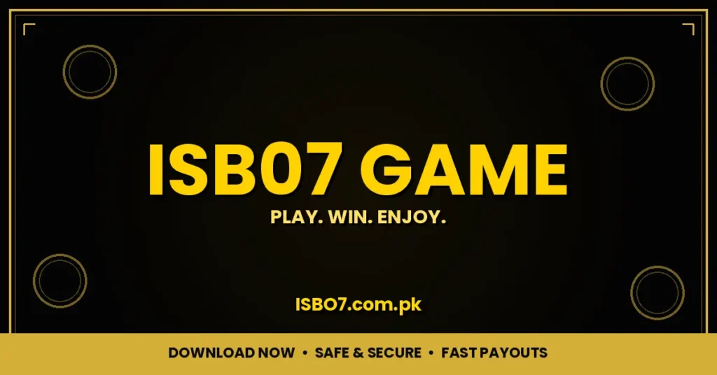 ISB07 Game banner with black background and yellow bold text, gold border, casino chip icons, and ISBO7.com.pk website name