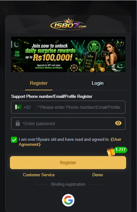 ISB07 Game registration screen showing phone number field, password field, and VIP rewards banner up to Rs100,000